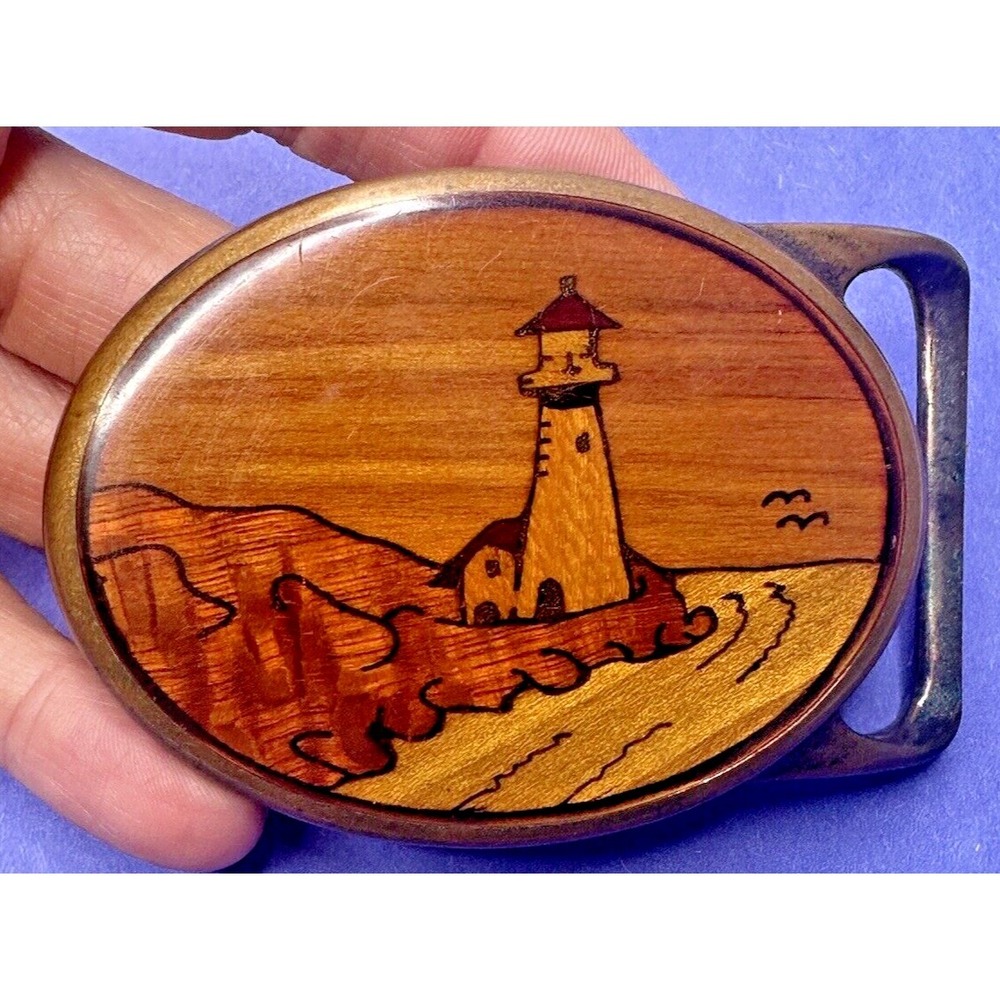 Tech Ether Guild Von West Belt Buckle Lighthouse 1970s Exotic Wood Brass VTG